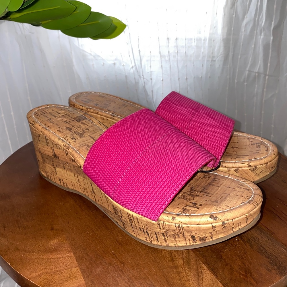 pink wedges with cork-look soles, size 9. never worn.